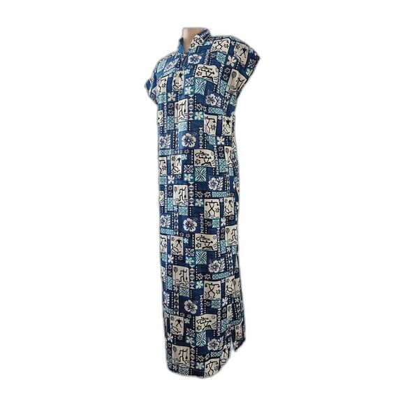 Vintage 1990s Hilo Hattie Blue Hawaiian Floral Printed Cotton Midi Dress - M - Picture 1 of 7